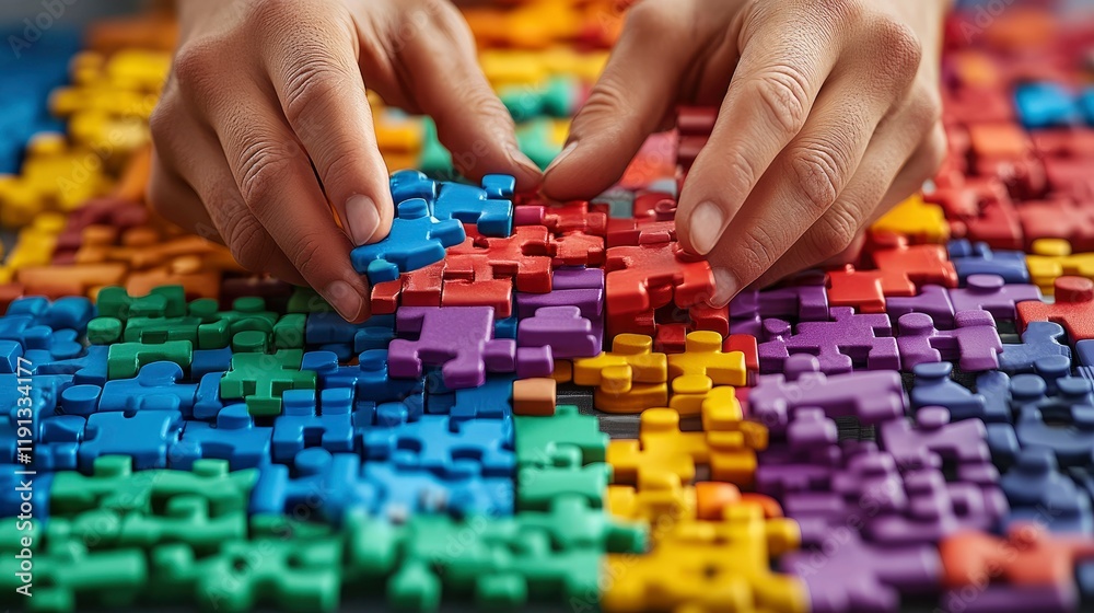 Hands Assembling a Colorful Jigsaw Puzzle Hands Assembling a Colorful Jigsaw Puzzle