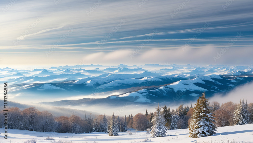 A picturesque winter mountain landscape, showcasing pristine snowy peaks against a backdrop of a clear, blue sky with scattered clouds.