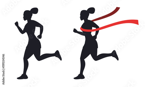 The silhouette of a girl running. Silhouette of a girl with a red finishing ribbon. 
