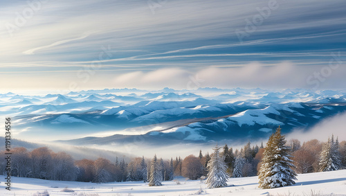 Obraz na płótnie A picturesque winter mountain landscape, showcasing pristine snowy peaks against a backdrop of a clear, blue sky with scattered clouds. w salonie