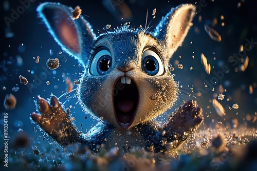 Yelling Bunny with Crumbs: Adorable Cartoon Rabbit with Big Eyes and Ears photo