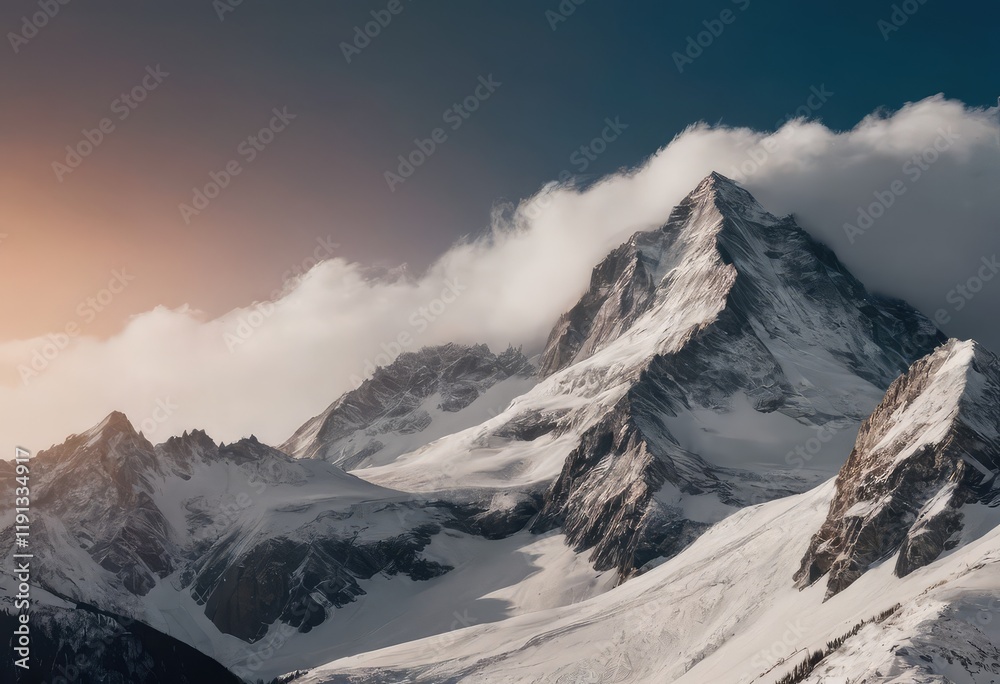 Obraz premium A majestic snowy mountain stands tall against a cloudy backdrop in the sky