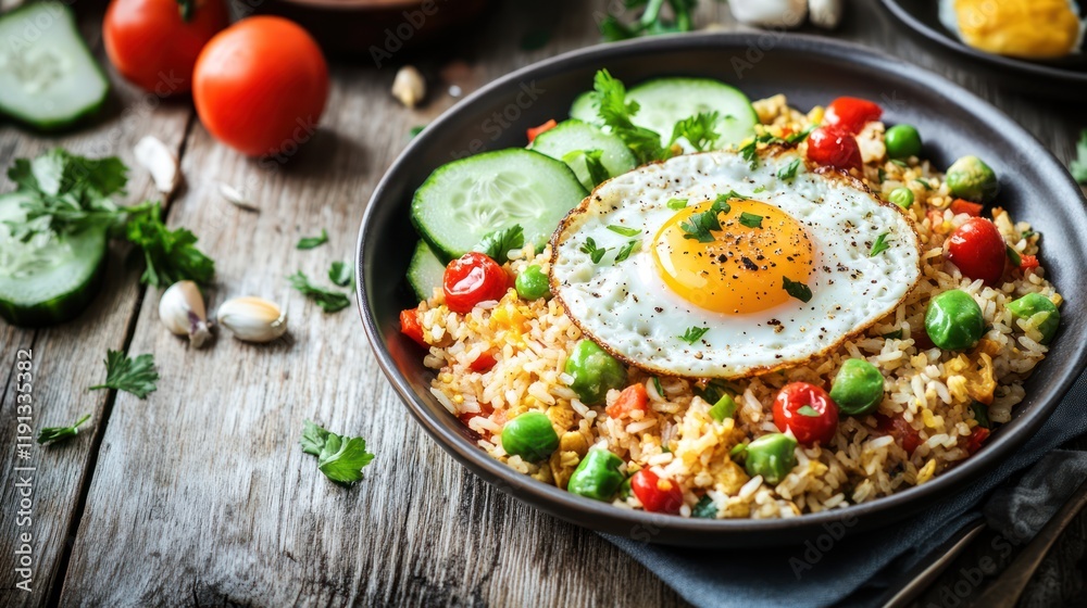 super high-resolution image (minimum 3 megapixels) showcasing a traditional Indonesian dish, Nasi Goreng, elegantly styled on a rustic wooden table super high-resolution image (minimum 3 megapixels) showcasing a traditional Indonesian dish, Nasi Goreng, elegantly styled on a rustic wooden table