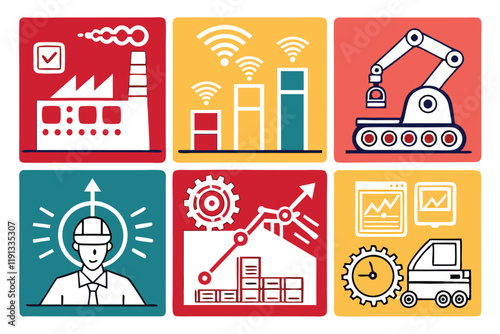 Manufacturing icons, mass production symbols, industrial processes, conveyor belts, assembly lines, factory automation, quality control, supply chain management, productivity charts, product developme
