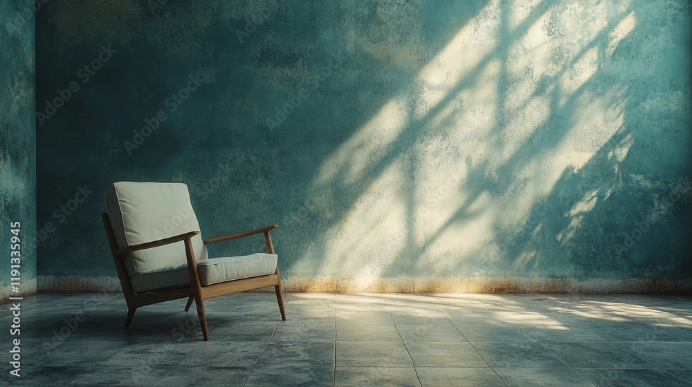 Contemporary armchair in an empty room with a plain wall, minimal shadows, soft neutral tones, serene and simple setting, style book illustration Contemporary armchair in an empty room with a plain wall, minimal shadows, soft neutral tones, serene and simple setting, style book illustration
