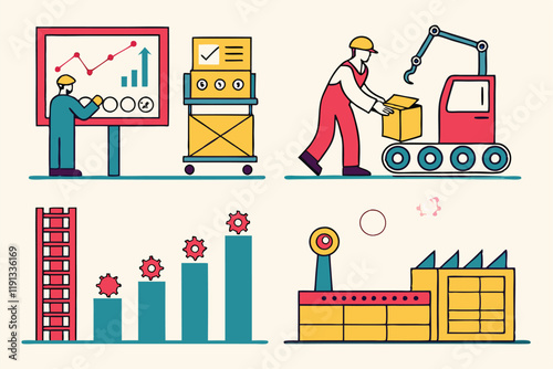 Manufacturing icons, mass production symbols, industrial processes, conveyor belts, assembly lines, factory automation, quality control, supply chain management, productivity charts, product developme