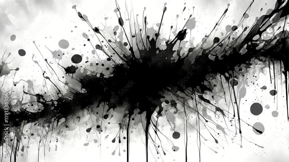 Abstract black ink splatter on a white background, creating a dynamic visual effect.