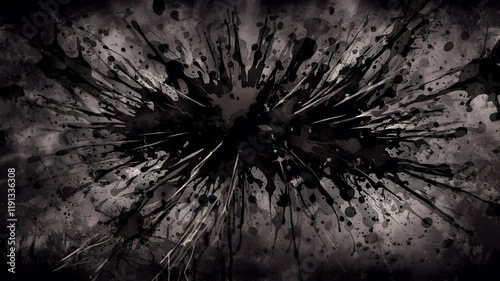 Abstract black and gray paint splatter design with dynamic movement and texture.
