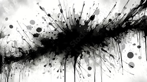 Abstract black ink splatter on a white background, creating a dynamic visual effect.