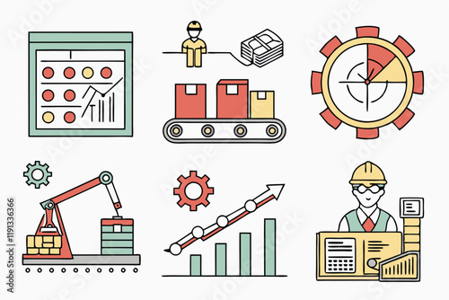 Manufacturing icons, mass production symbols, industrial processes, conveyor belts, assembly lines, factory automation, quality control, supply chain management, productivity charts, product developme