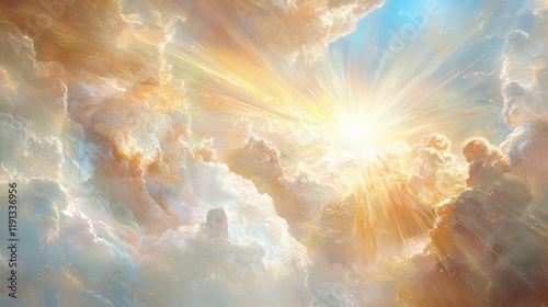 Heavenly light illuminating cosmic clouds spiritual realm digital art ethereal environment aerial viewpoint divine concept photo