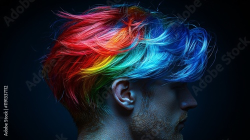 Colorful rainbow hairstyle showcases vibrant creativity and self-expression during a salon appointment photo