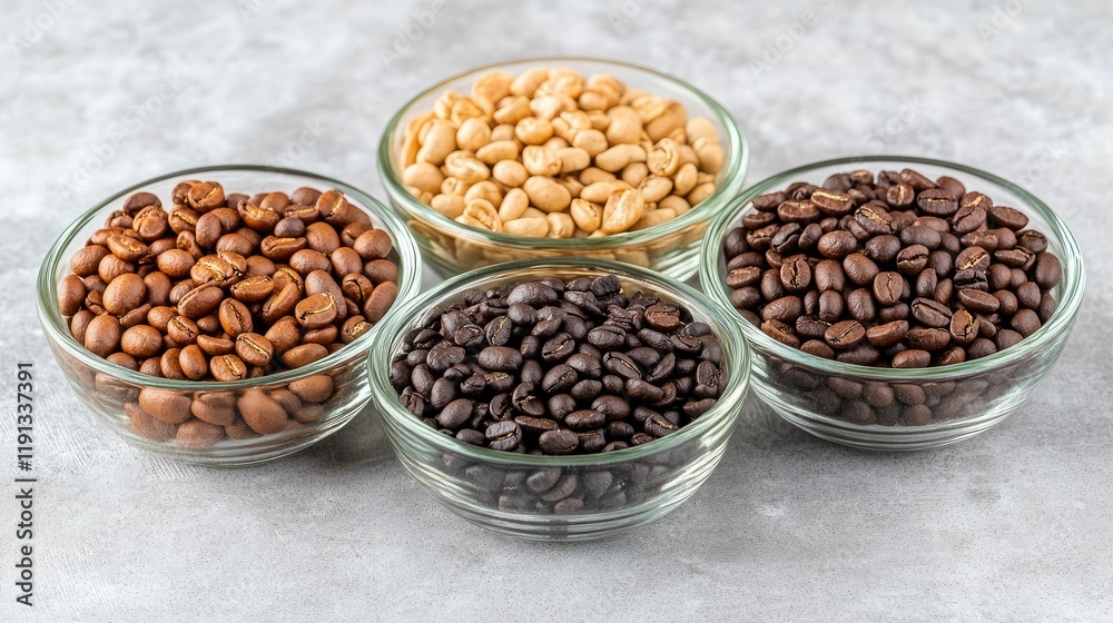 Four Bowls of Roasted Coffee Beans Light, Medium, Dark Roast and Green Coffee Beans Four Bowls of Roasted Coffee Beans Light, Medium, Dark Roast and Green Coffee Beans
