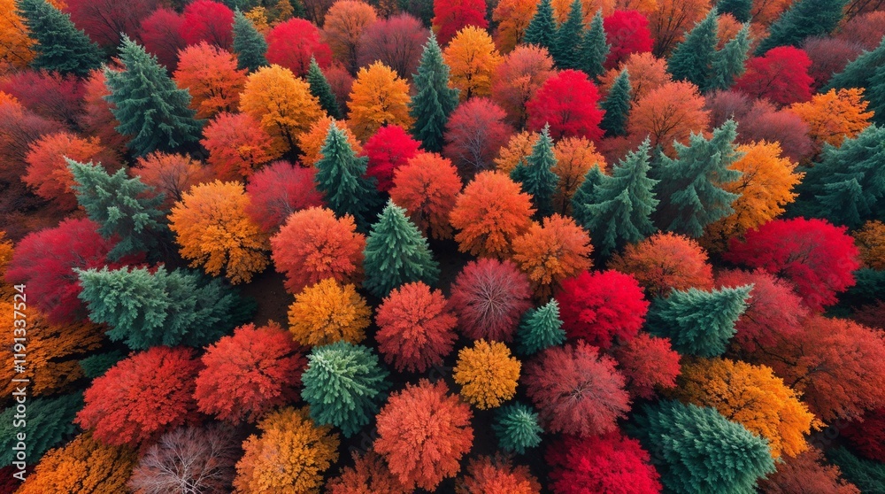 Vibrant aerial shot of autumn forest with red, orange, and green trees. Perfect for fall themes. Vibrant aerial shot of autumn forest with red, orange, and green trees. Perfect for fall themes.