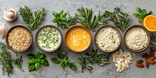 Wallpaper Mural A flat lay image showing bowls filled with ingredients like grains, herbs, and dairy products along with fresh herbs. Torontodigital.ca