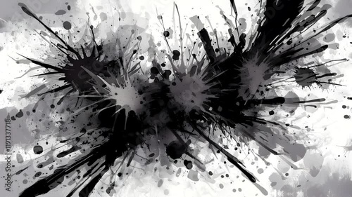 Abstract black and gray splatter art with dynamic paint effects on a light background.