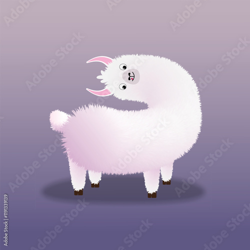 cute fluffy llama white pink color. in cartoon style. vector illustration