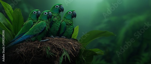 A vibrant scene featuring a group of green parrots perched on a nest amidst lush greenery. The serene atmosphere captures the beauty of wildlife in its natural habitat.