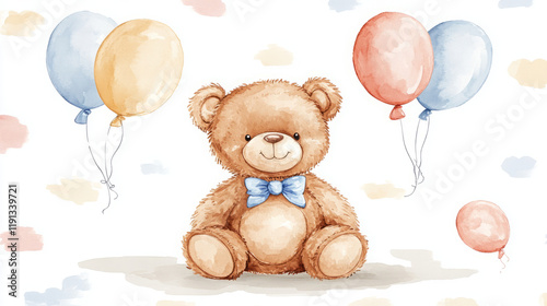 adorable watercolor teddy bear with pastel balloons for nursery decor and children's book illustration