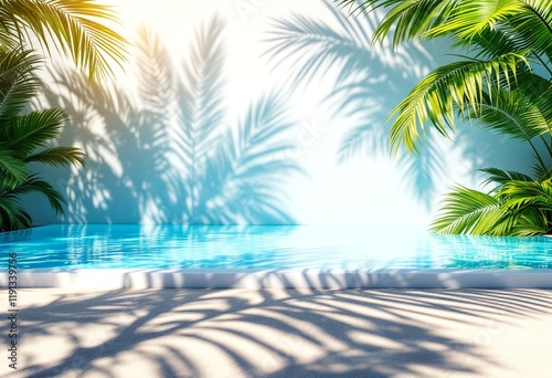 Tropical poolside paradise with palm tree shadows. Luxurious summer resort scene. Sunny vacation getaway with turquoise water and lush greenery. Relaxing holiday destination