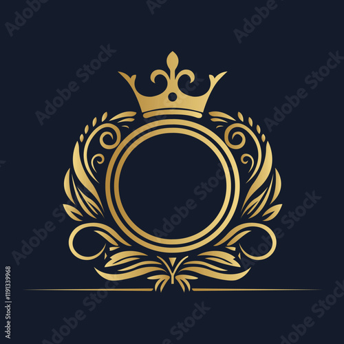 Elegant Golden Emblem with Crown and Laurel Wreath on Dark Blue Background