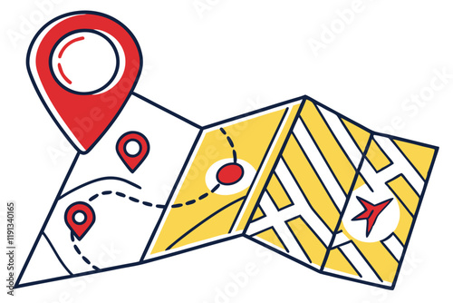 Map icon, location pin, red marker, yellow folded map, minimalist design, flat illustration, navigation symbol, cartography, digital mapping, geolocation, simplified graphics, bold colors, clean lines