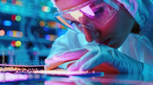 A close-up of a manufacturing technician inspecting quality control of semiconductor chips in a cleanroom facility, with microelectronics and semiconductor fabrication equipment visible photo
