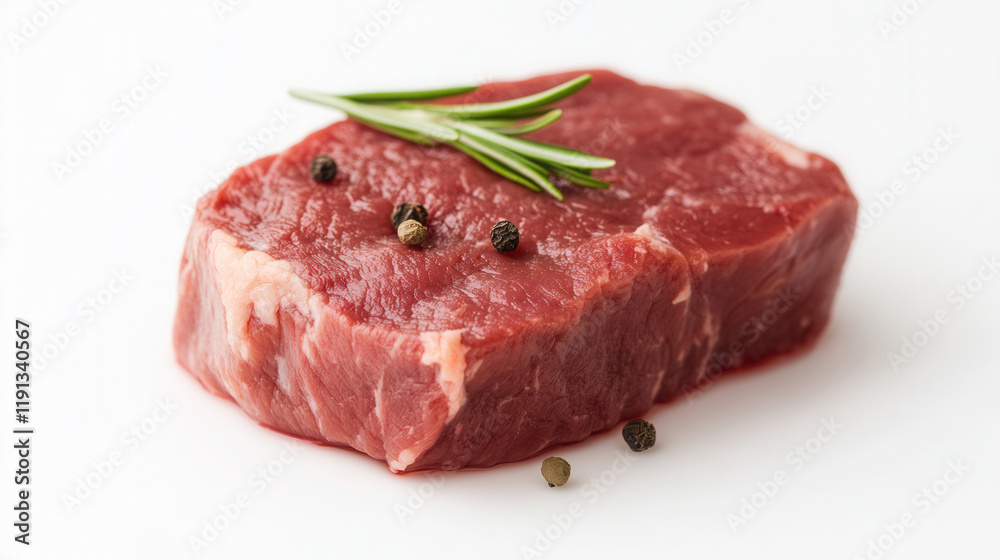 Close-up of fresh beef meat with rosemary and peppercorns on a white background for culinary inspiration. food background Close-up of fresh beef meat with rosemary and peppercorns on a white background for culinary inspiration. food background