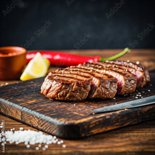 Steak, meat on a wooden board, beautiful fried steak, food, hot pepper, coarse salt