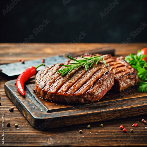 Steak, meat on a wooden board, beautiful fried steak, food, hot pepper, coarse salt