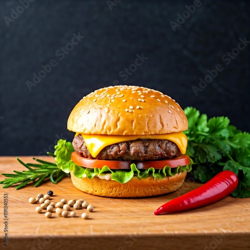 Hamburger, teak, meat on a wooden board, beautiful fried steak, food, hot pepper, coarse salt