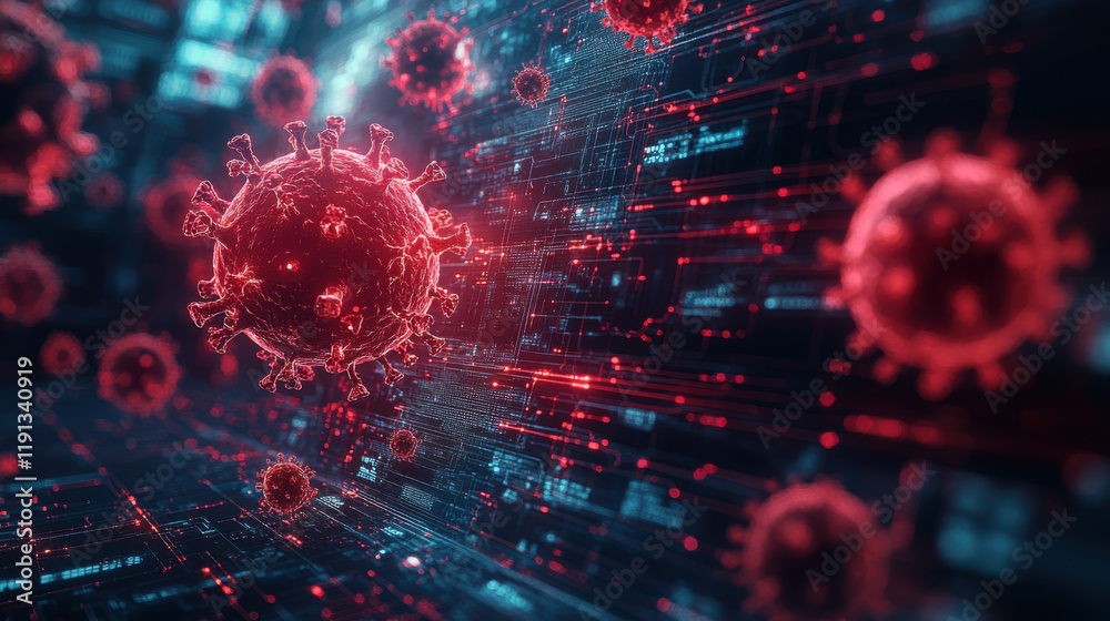 3D Render of a Red Virus Particle in a Futuristic Digital Environment, Microbiology Concept
3D Render of a Red Virus Particle in a Futuristic Digital Environment, Microbiology Concept