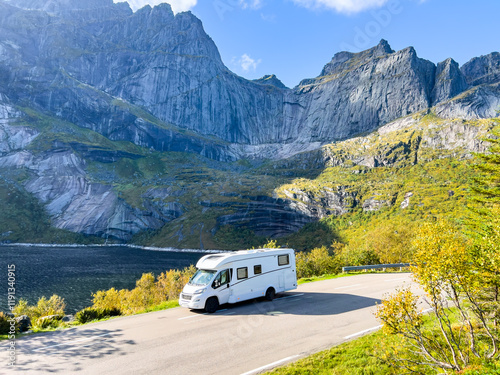Wallpaper Mural Scenic drive through norway's majestic mountains in a white camper van offers a breathtaking view of travel and adventure Torontodigital.ca