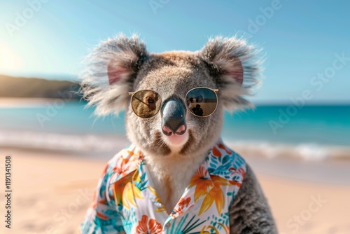 A Stylish and Playful Koala Enjoying a Relaxing Beach Vacation While Wearing Sunglasses and a Tropical Shirt photo