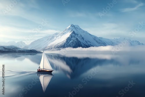 A sailboat glides effortlessly across serene waters, surrounded by majestic snow-covered peaks reflecting in the lake. Early morning light enhances the tranquil atmosphere photo