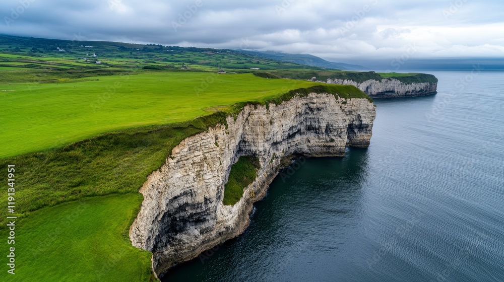 Obraz premium Dramatic Aerial View of Coastal Cliffs and Lush Green Pastureland