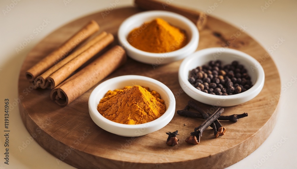 Wooden board with small bowls of anti-inflammatory spices including cinnamon, turmeric, black pepper, and cloves. Wooden board with small bowls of anti-inflammatory spices including cinnamon, turmeric, black pepper, and cloves.