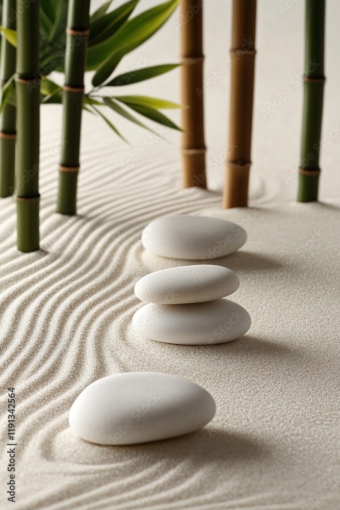 Create serenity and focus in design with a calming minimalist zen garden featuring smooth white stones and bamboo stalks for a harmonious backdrop Create serenity and focus in design with a calming minimalist zen garden featuring smooth white stones and bamboo stalks for a harmonious backdrop