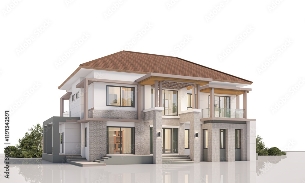 Architecture 3d rendering illustration of modern house on white background Architecture 3d rendering illustration of modern house on white background