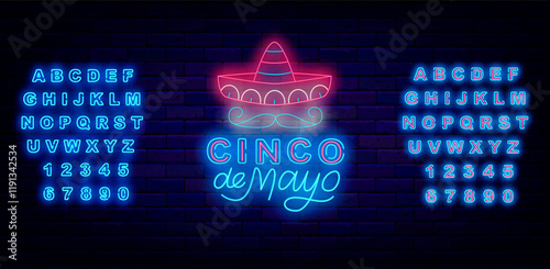 Cinco de Mayo neon sign. Bright lettering. Mexican traditional holiday in May. SVector stock illustration