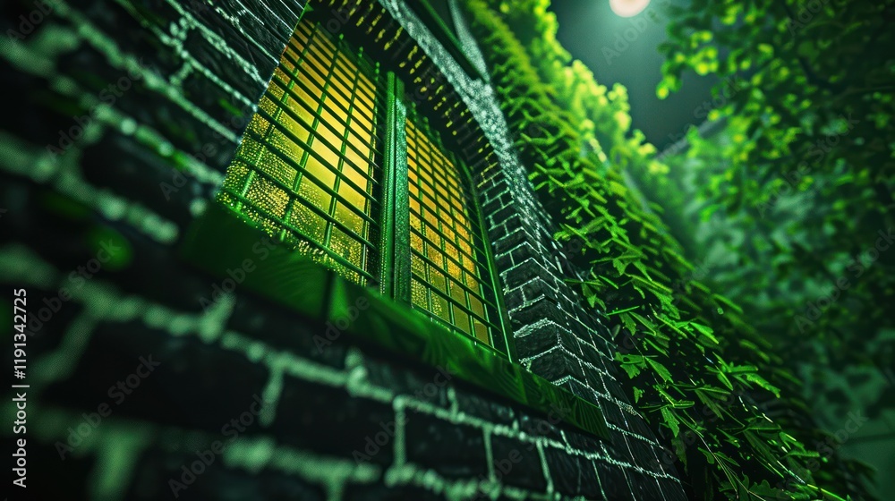 Green Latticework Window on Brick Building Green Latticework Window on Brick Building