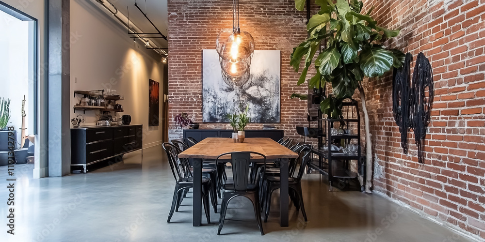 Industrial-style dining room with an exposed brick accent wall, a reclaimed wood dining table, and black metal chairs.
Industrial-style dining room with an exposed brick accent wall, a reclaimed wood dining table, and black metal chairs.
