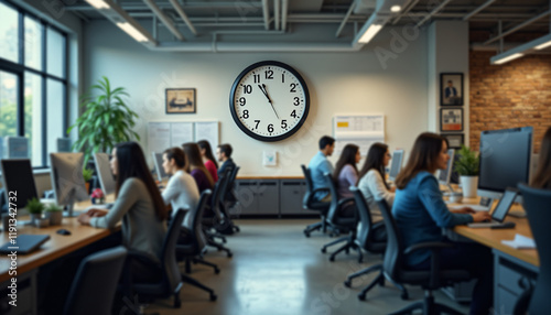 Busy office with employees working under a large wall clock