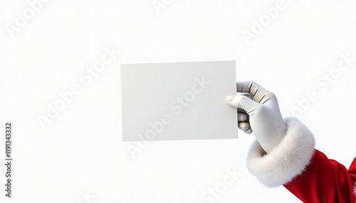 Santa's hand holding blank gift card on white background