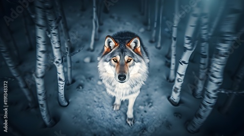 A warm golden hour light illuminates a lone gray and white wolf in a snowy birch forest. The color palette uses warm terracotta and cool teal tones.   photo