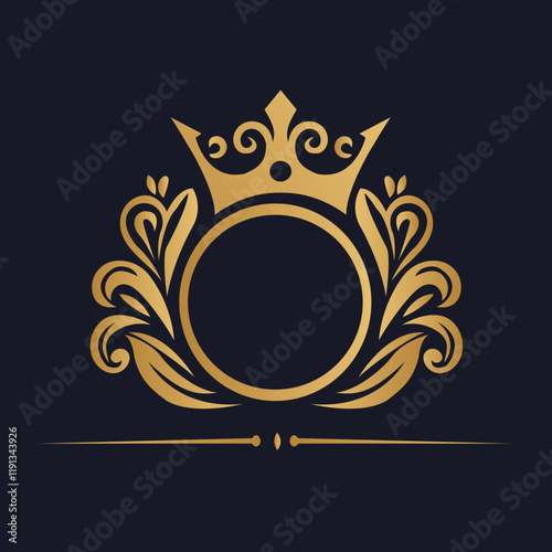 Elegant Golden Emblem with Crown and Laurel Wreath on Dark Blue Background