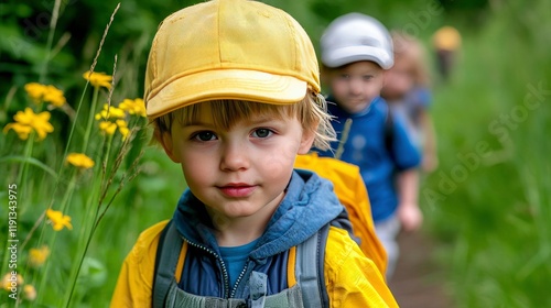 Little Boy on Nature Walk Leading a Group of Children