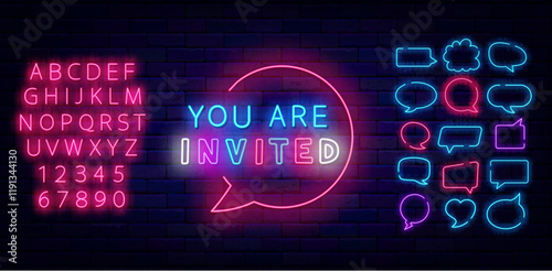 You are invited neon badge. Welcome label. Simple sign. Glowing advertising. Vector stock illustration