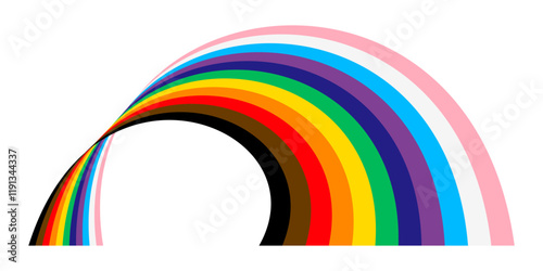 Pride wavy lines shape. Modern wave icon with LGBTQ pride flag colours. Colored striped shape for design. Vector illustration isolated on white background.
