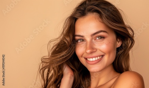 Beautiful woman smiling and touching her hair on beige background. The concept of cosmetic facial skin care and spa treatments, portrait of Lady with copy space on beige background.
